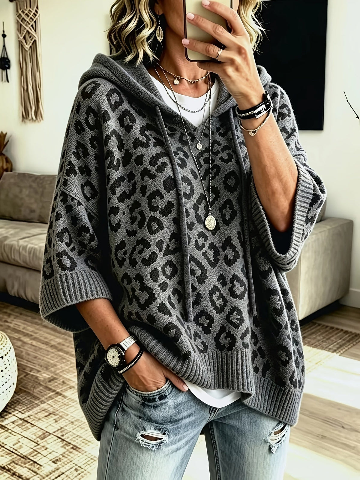 Sudadera Oversize Estampada de Leopardo Cómoda para Mujer con Cuello con Capucha, Manga Murciélago y Estilo de Punto con Cordón