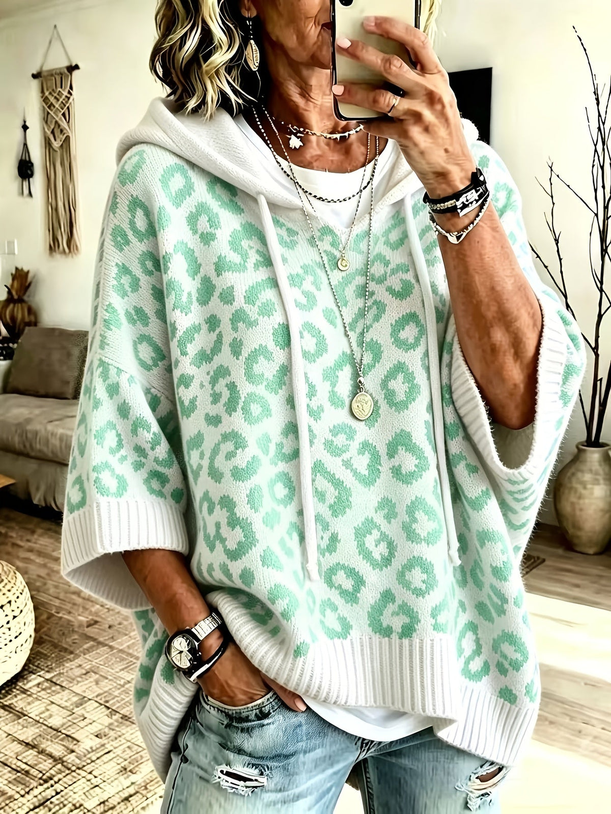 Sudadera Oversize Estampada de Leopardo Cómoda para Mujer con Cuello con Capucha, Manga Murciélago y Estilo de Punto con Cordón
