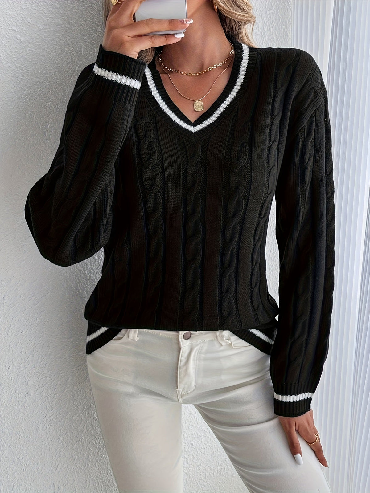 Jersey de Punto Trenzado Cómodo para Mujer con Cuello en V, Manga Larga, Ribete de Rayas y Estilo Oversize