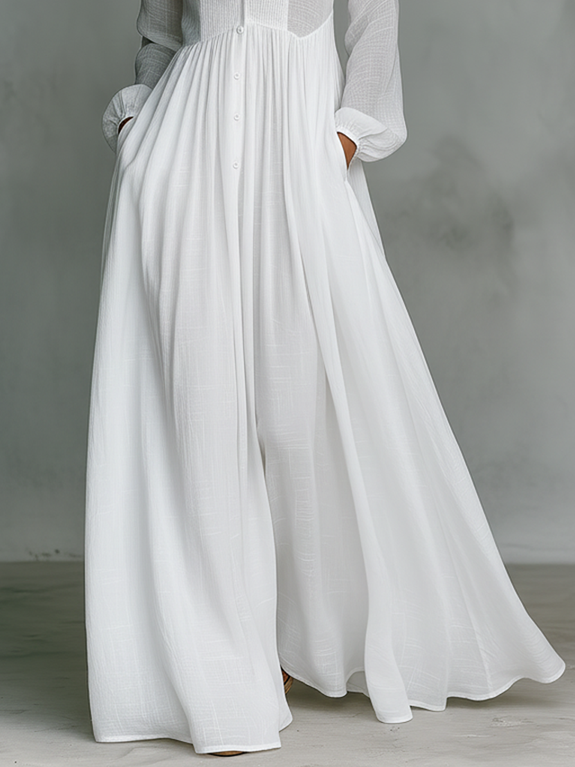 Vestido Maxi De Algodón Y Lino Con Cuello Alzado