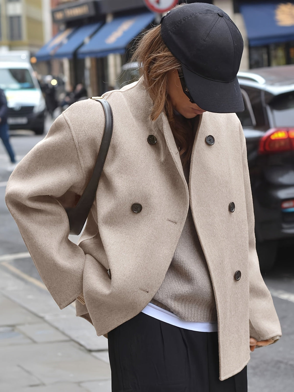 Beatrice / Abrigo de lana para mujer con cuello alto, manga larga, cierre cruzado de doble botonadura y corte oversize de estilo casual