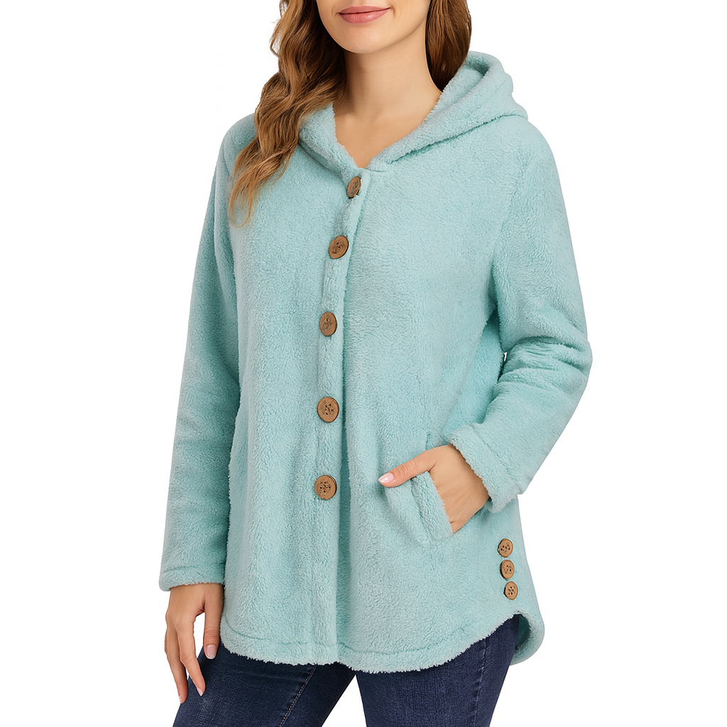 Sudadera de Forro Polar Borreguito Cómoda para Mujer con Capucha, Manga Larga, Botones Delanteros y Estilo Oversize Relajado