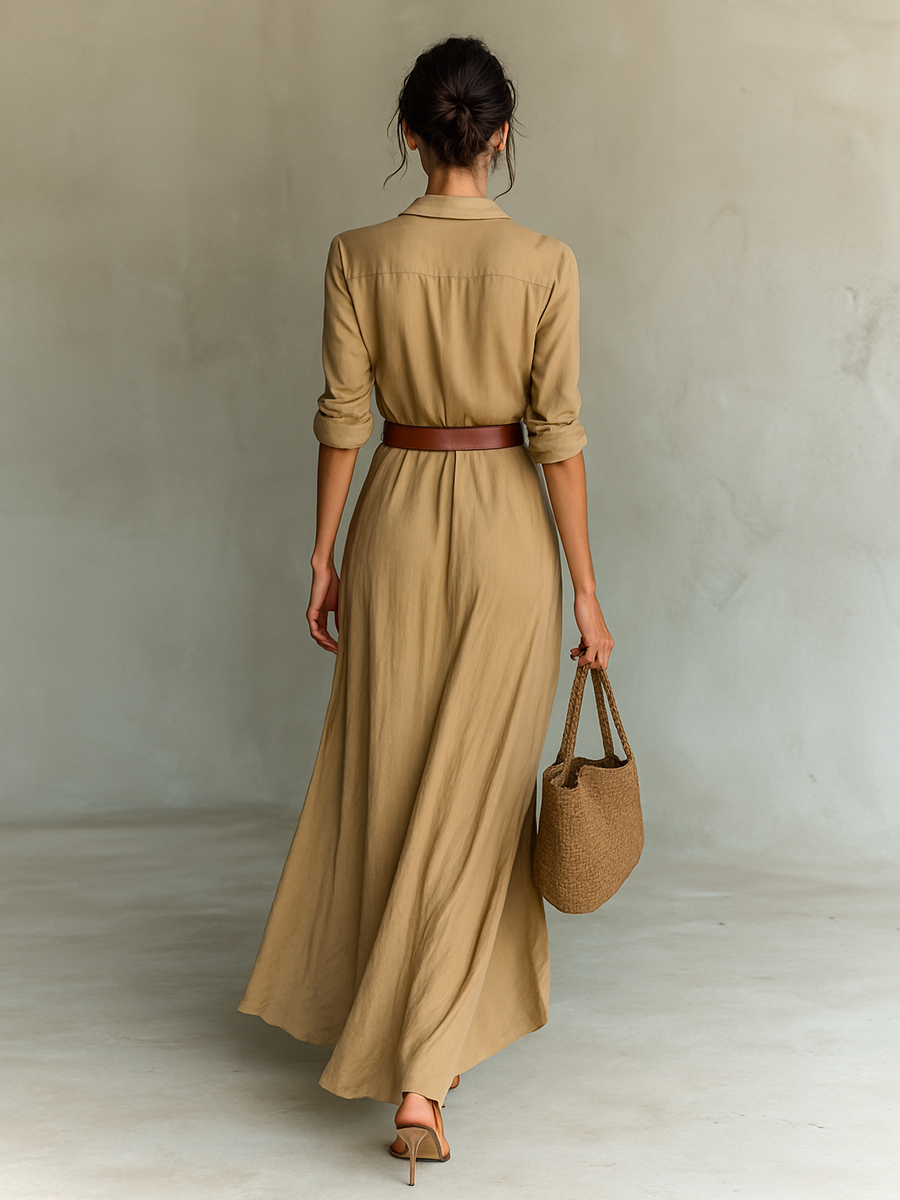 Vestido Maxi Elegante con Cuello y Cinturón Mujer