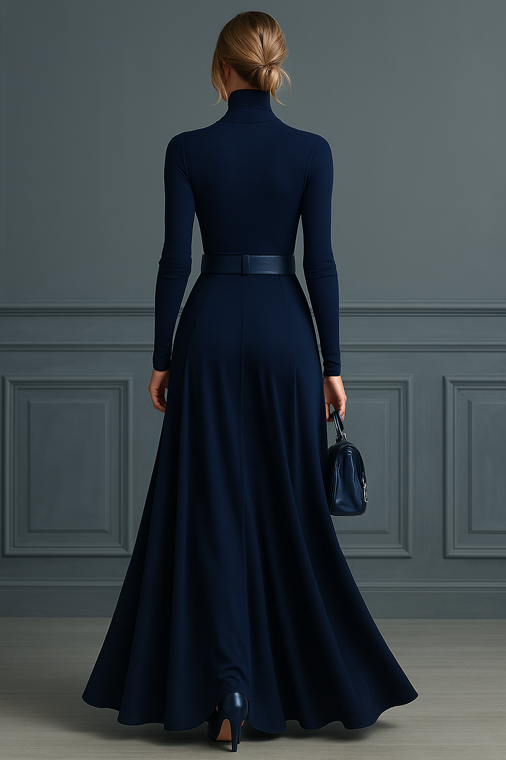 Vestido de Punto Azul Oscuro con Cuello Alto para Mujer