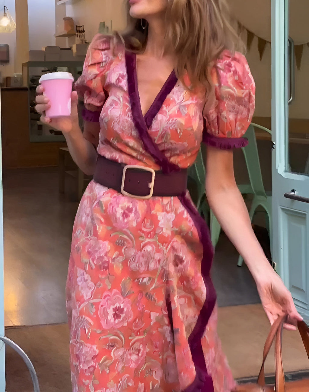 Vestido Maxi Rosa Elegante de Manga Corta
