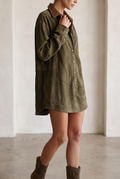 Vestido Mini Sencillo Holgado de Ante con Solapa de Cuero y Paneles Combinados para Mujer