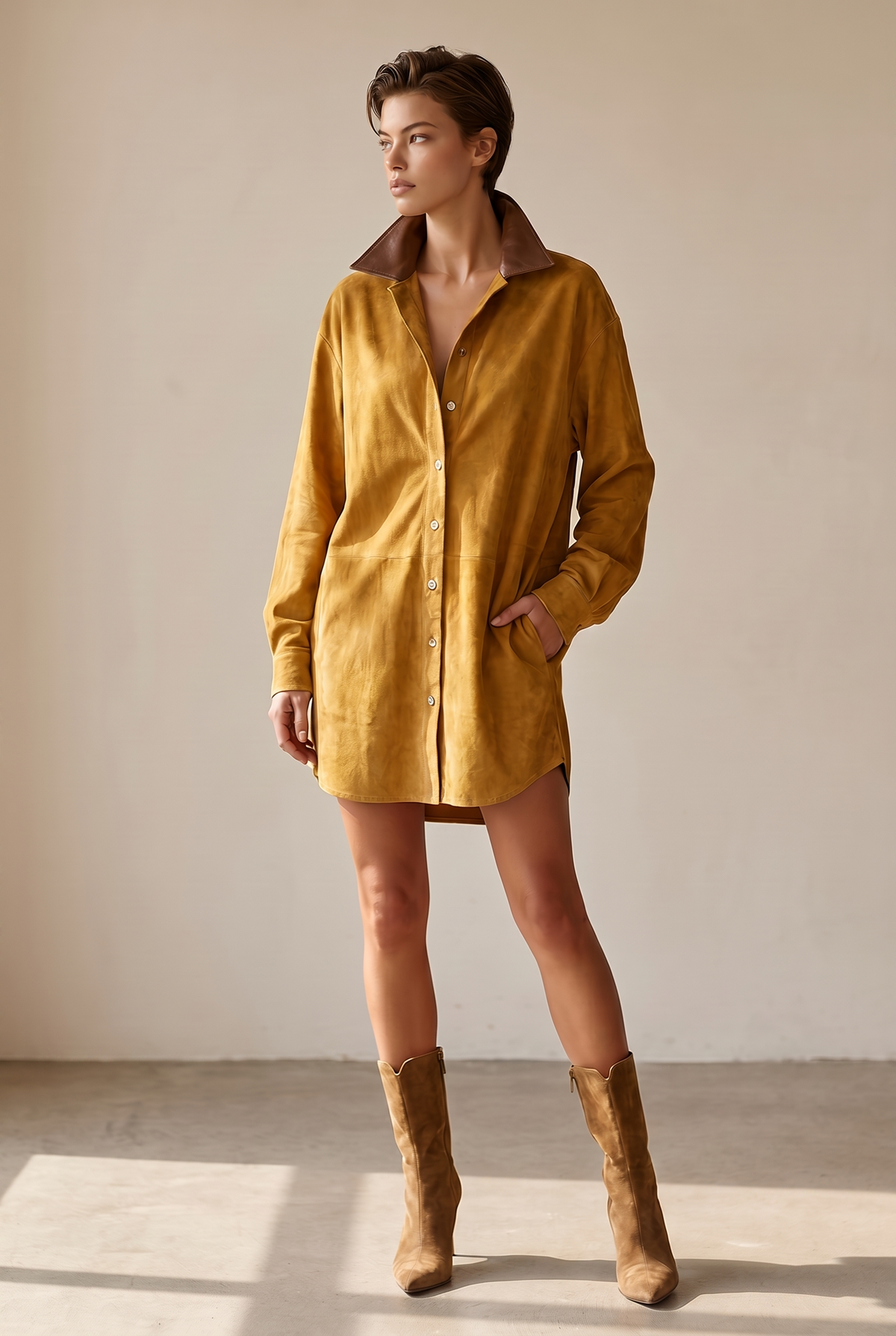 Vestido Mini Sencillo Holgado de Ante con Solapa de Cuero y Paneles Combinados para Mujer