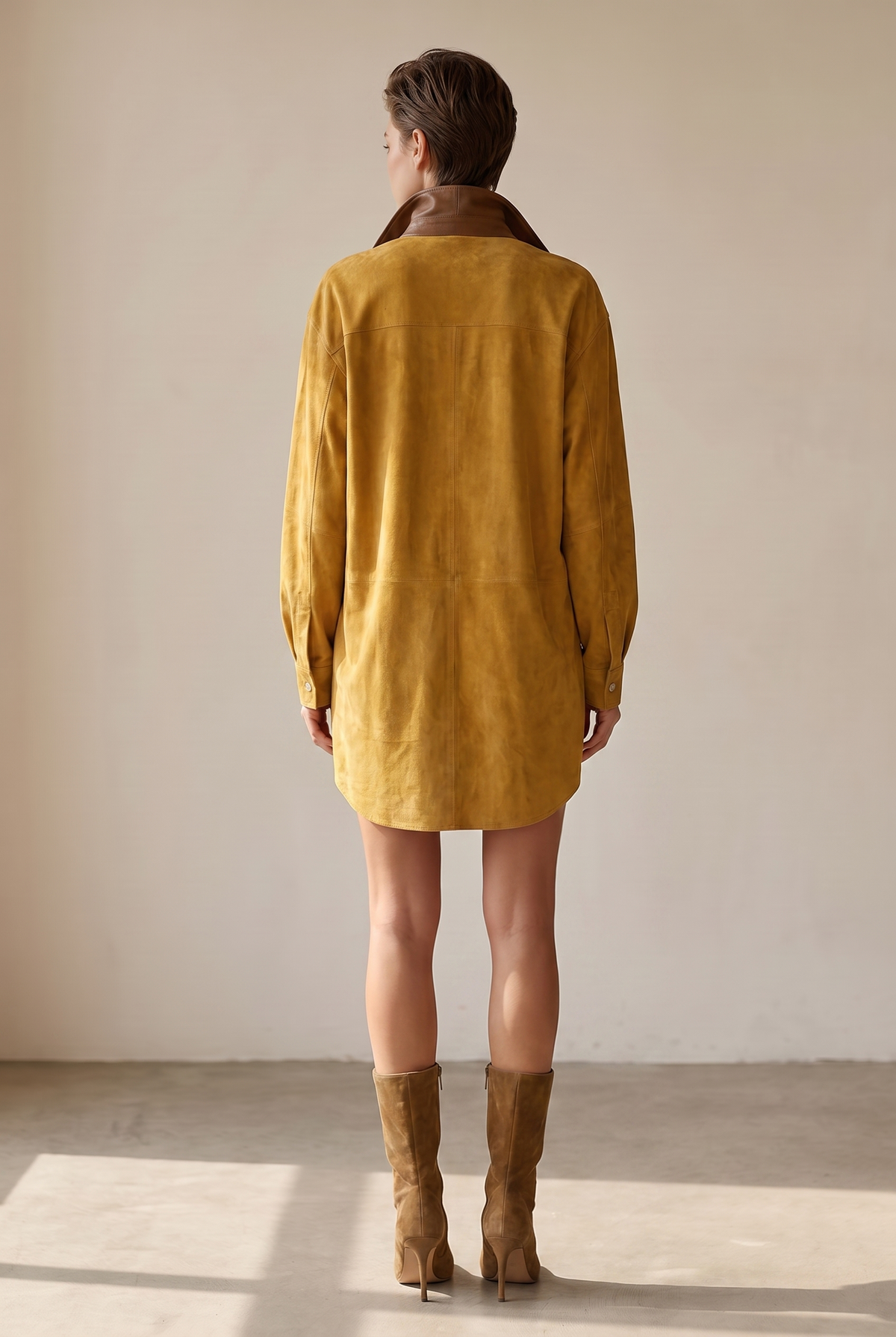 Vestido Mini Sencillo Holgado de Ante con Solapa de Cuero y Paneles Combinados para Mujer