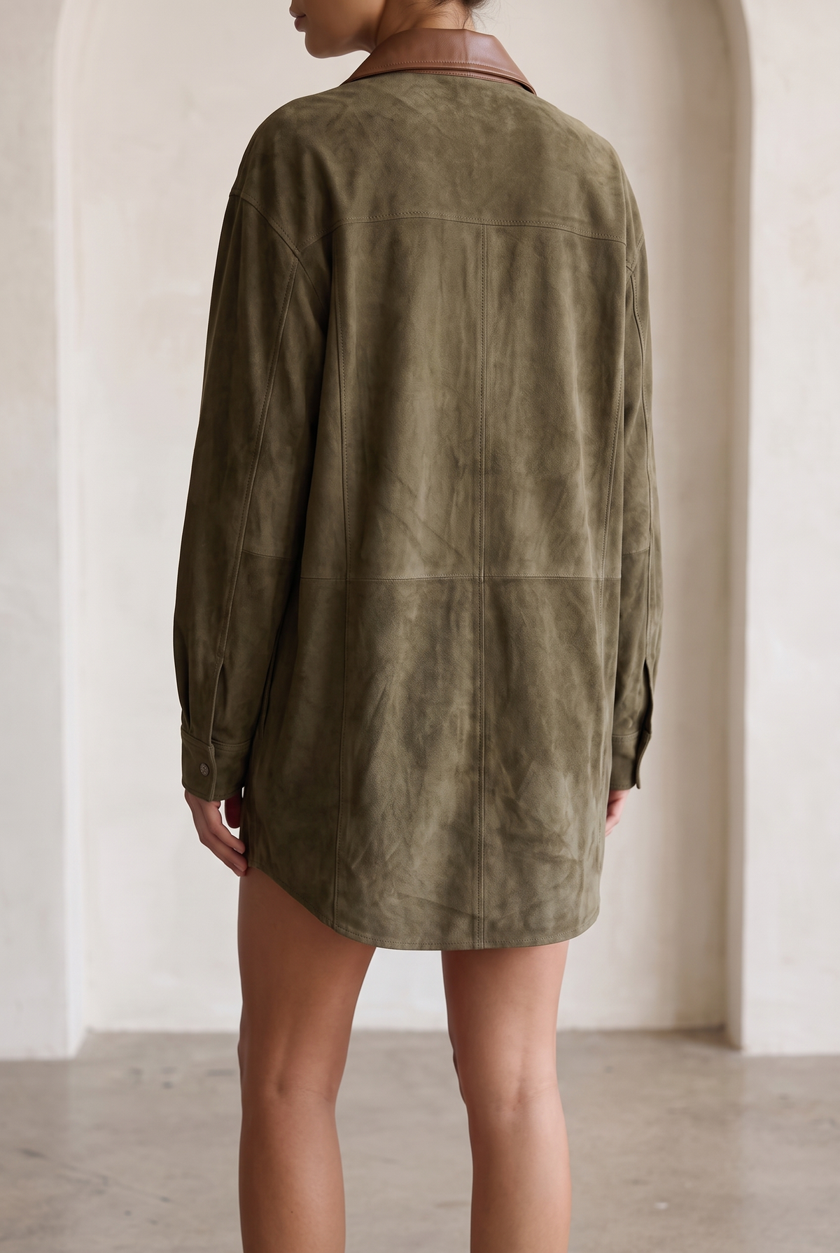 Vestido Mini Sencillo Holgado de Ante con Solapa de Cuero y Paneles Combinados para Mujer