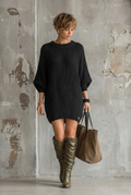 Vestido Mini de Punto Holgado con Cuello Redondo Amplio y Manga Murciélago para Mujer