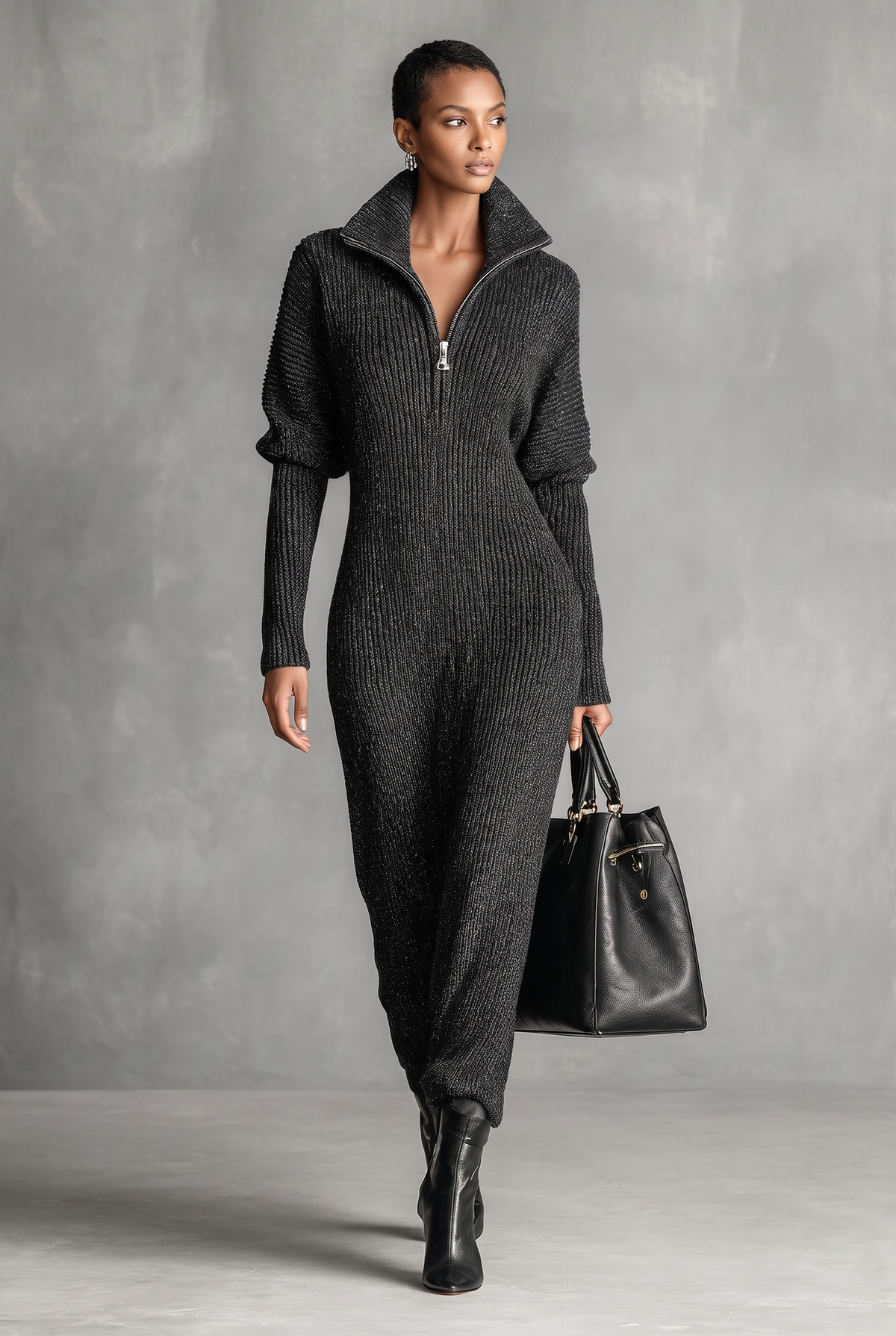 Vestido Maxi de Punto Minimalista de Color Liso con Cuello de Cremallera para Mujer