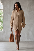 Vestido Cárdigan Mini Oversize Elegante con Botonadura Delantera Camel para Mujer