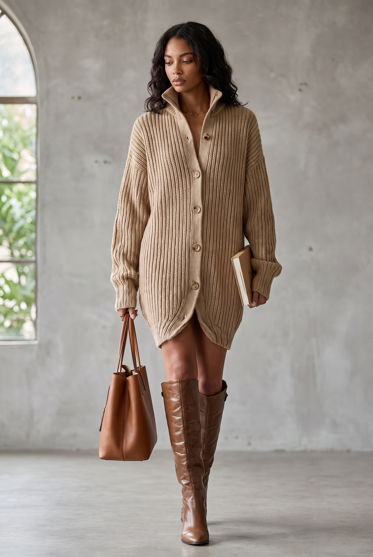 Vestido Cárdigan Mini Oversize Elegante con Botonadura Delantera Camel para Mujer