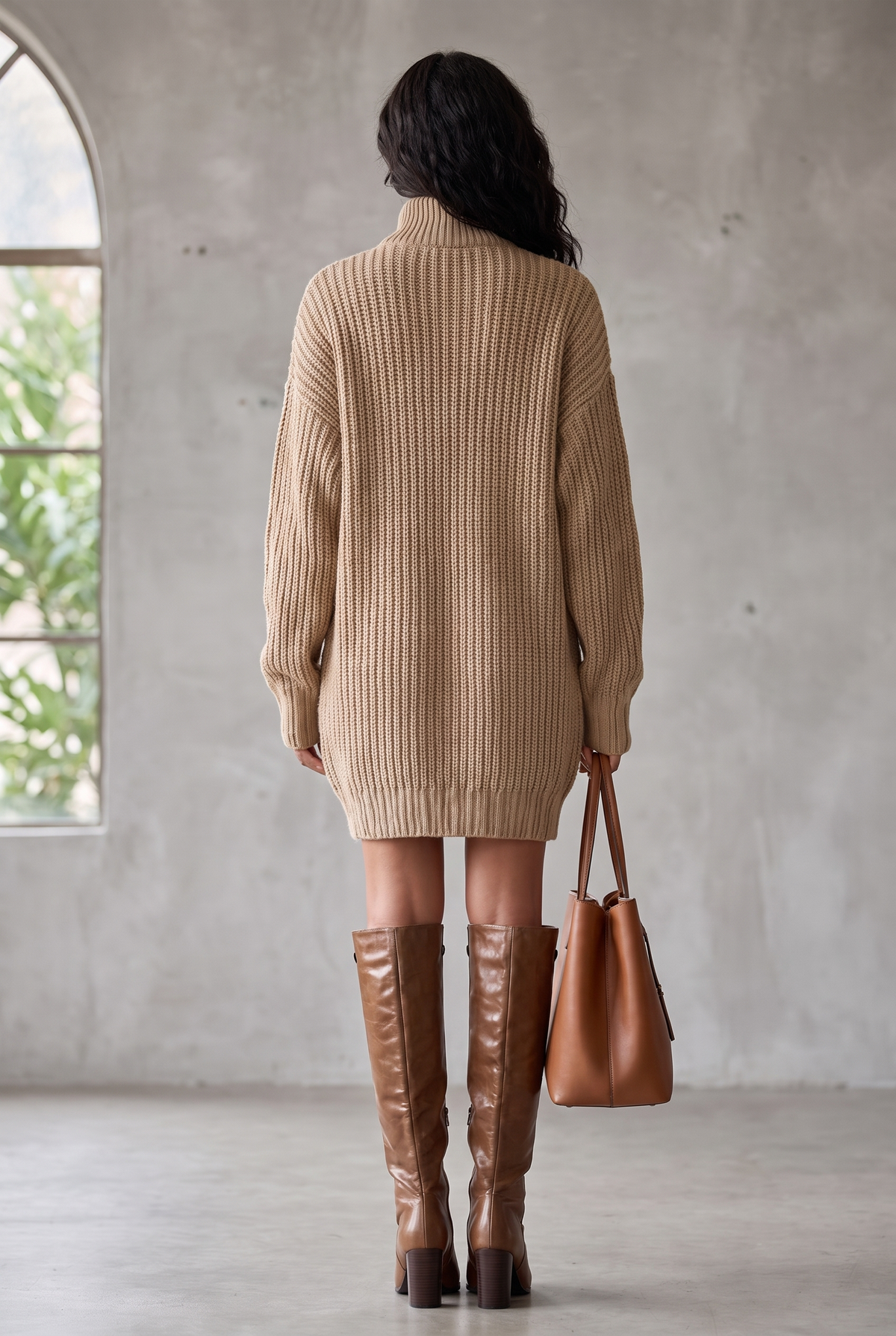 Vestido Cárdigan Mini Oversize Elegante con Botonadura Delantera Camel para Mujer