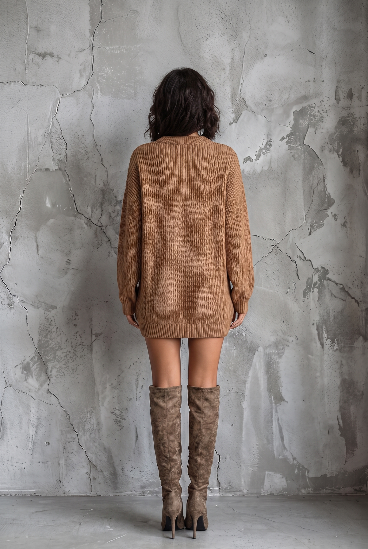 Vestido Mini de Punto Estilo Vintage Marrón Caramelo para Mujer