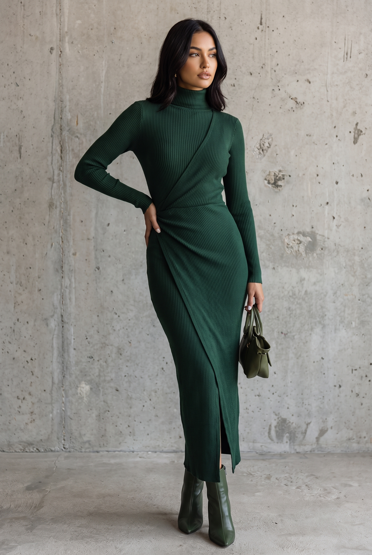 Vestido Midi Cruzado de Punto Elástico Verde Oscuro con Cuello Alto para Mujer