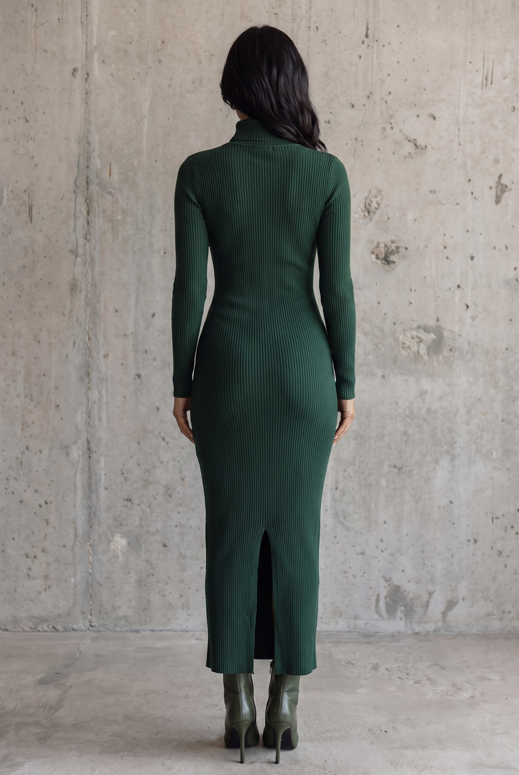Vestido Midi Cruzado de Punto Elástico Verde Oscuro con Cuello Alto para Mujer