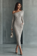 Vestido de Punto Gris Asimétrico de un Hombro para Mujer