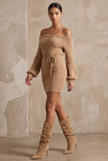 Vestido Mini Elegante de Punto Afelpado Camel con Hombros Descubiertos y Cinturón para Mujer