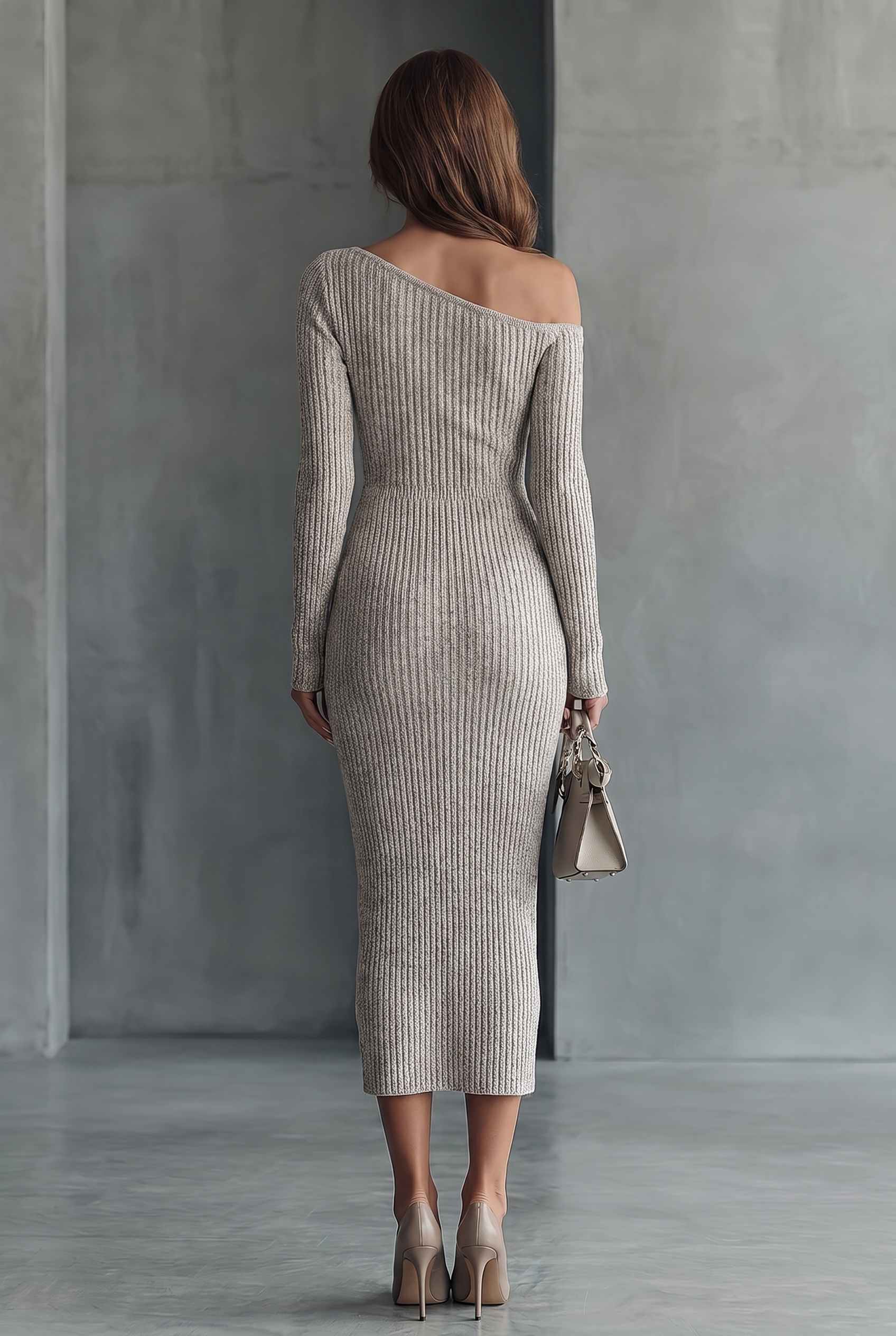 Vestido de Punto Gris Asimétrico de un Hombro para Mujer