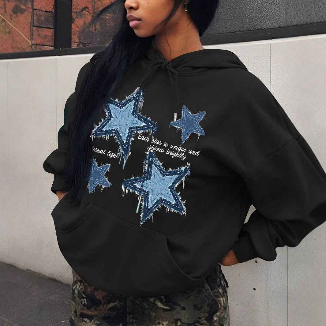 Sudadera Estampada de Estrellas Cómoda para Mujer con Capucha de Cordón, Manga Larga y Estilo Oversize Relajado