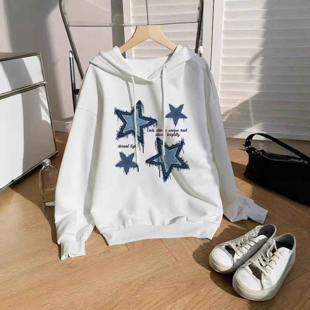 Sudadera Estampada de Estrellas Cómoda para Mujer con Capucha de Cordón, Manga Larga y Estilo Oversize Relajado
