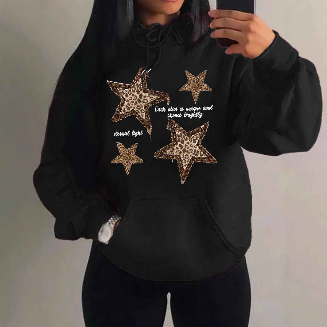Sudadera Estampada de Estrellas Cómoda para Mujer con Capucha de Cordón, Manga Larga y Estilo Oversize Relajado