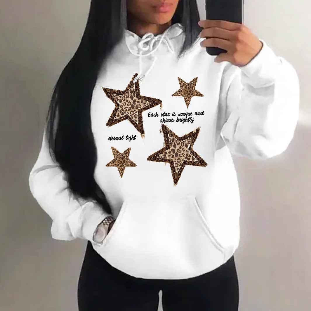 Sudadera Estampada de Estrellas Cómoda para Mujer con Capucha de Cordón, Manga Larga y Estilo Oversize Relajado