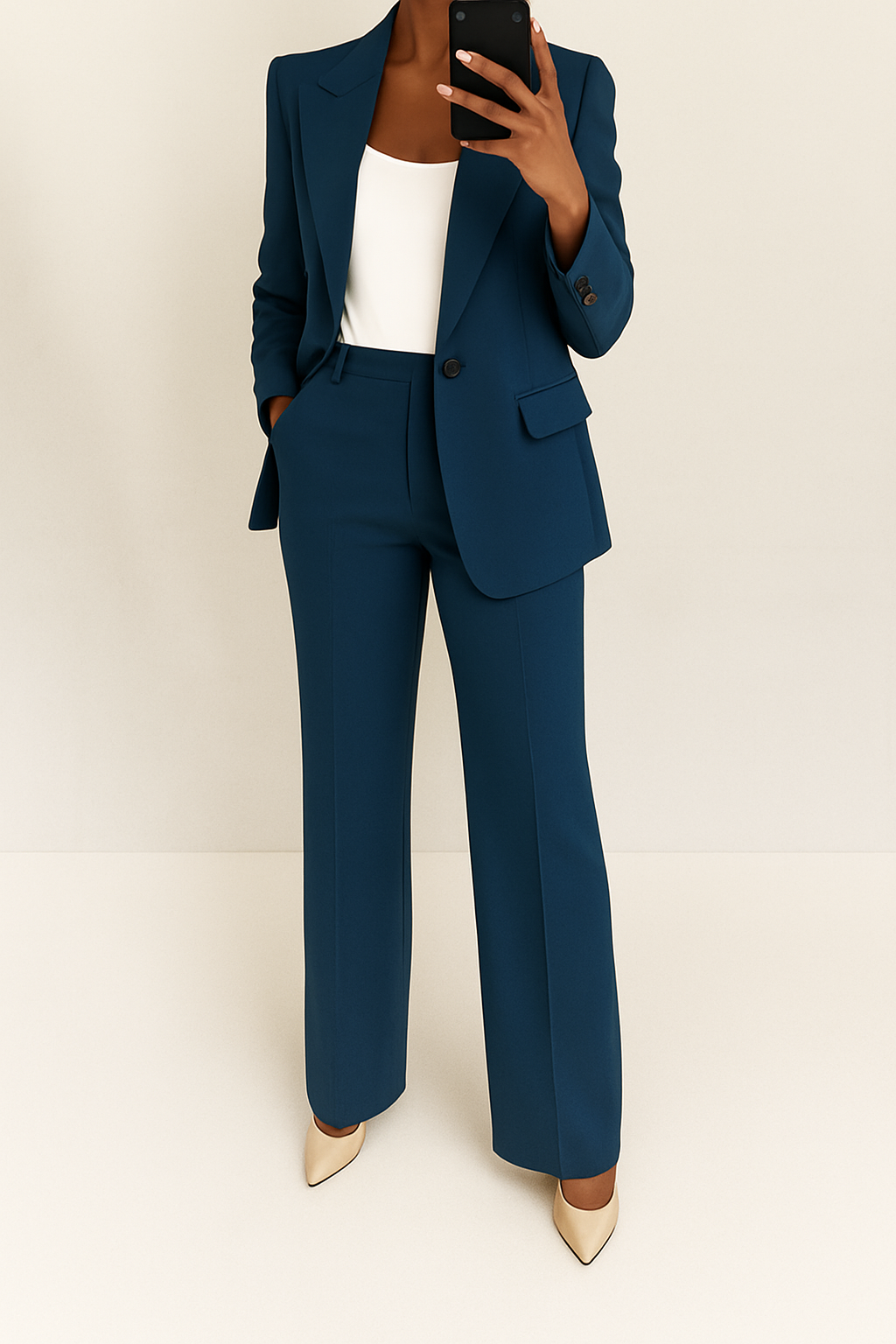 Conjunto elegante de dos piezas para mujer con blazer de un botón, pantalones de pierna ancha y estilo formal de sastrería