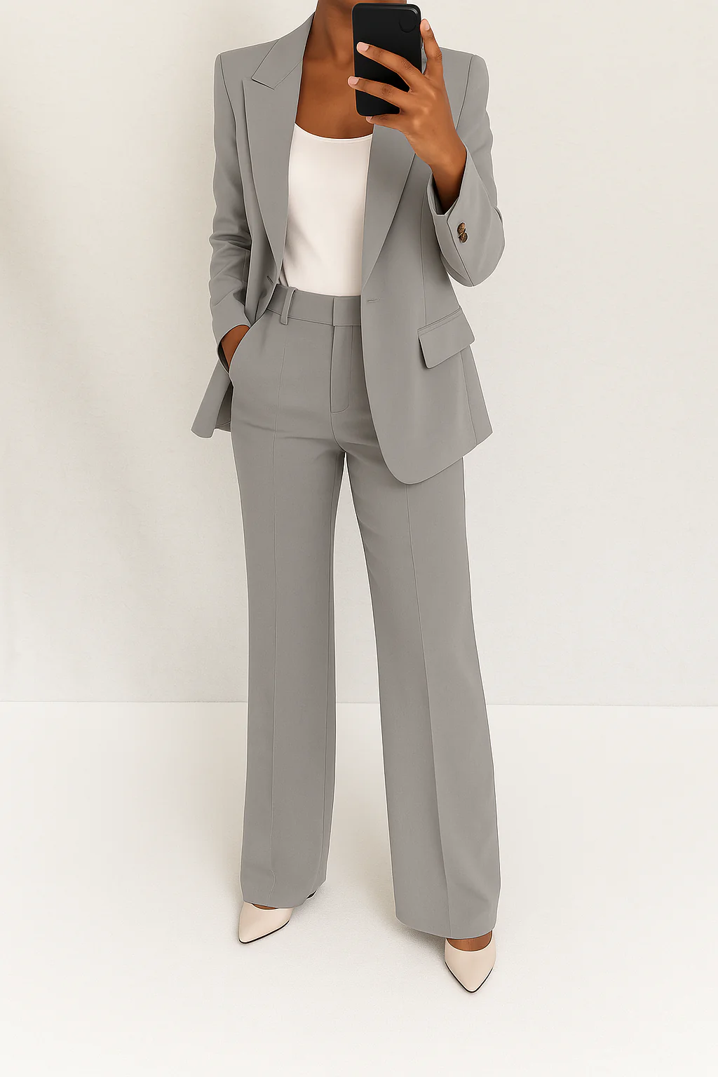 Conjunto elegante de dos piezas para mujer con blazer de un botón, pantalones de pierna ancha y estilo formal de sastrería
