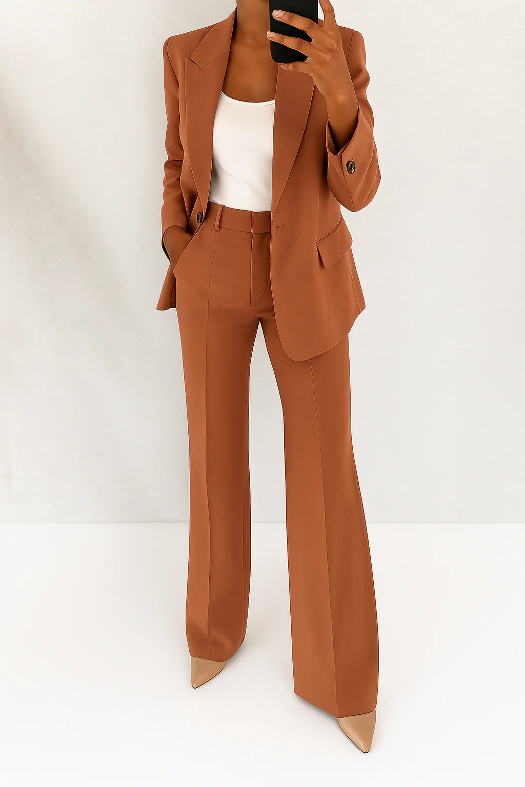 Conjunto elegante de dos piezas para mujer con blazer de un botón, pantalones de pierna ancha y estilo formal de sastrería