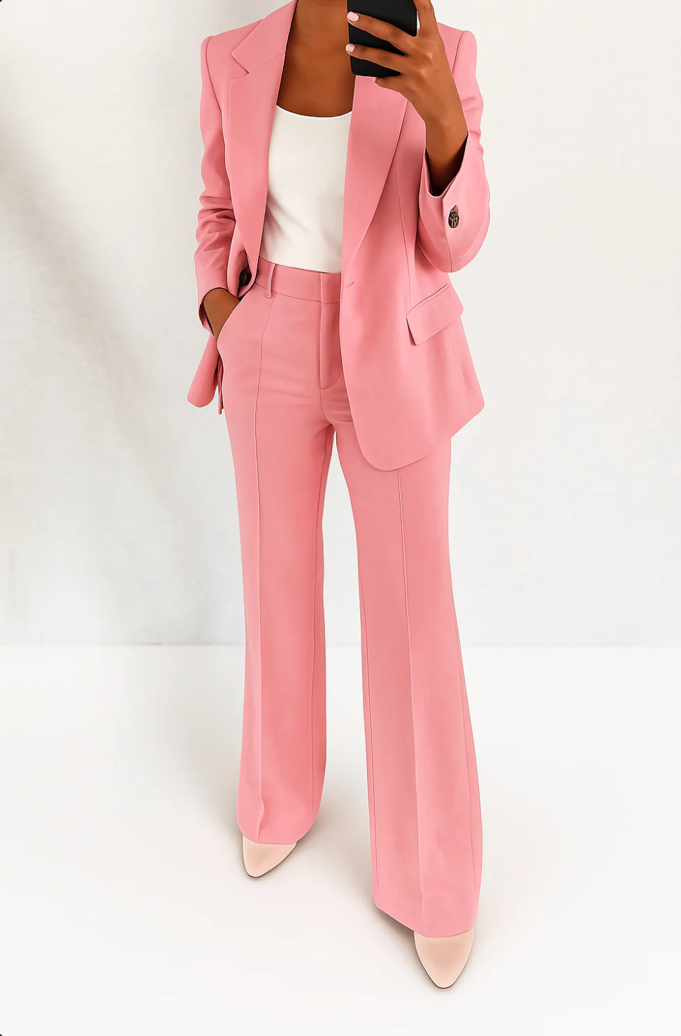 Conjunto elegante de dos piezas para mujer con blazer de un botón, pantalones de pierna ancha y estilo formal de sastrería
