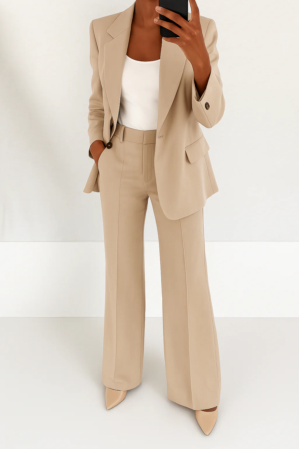 Conjunto elegante de dos piezas para mujer con blazer de un botón, pantalones de pierna ancha y estilo formal de sastrería