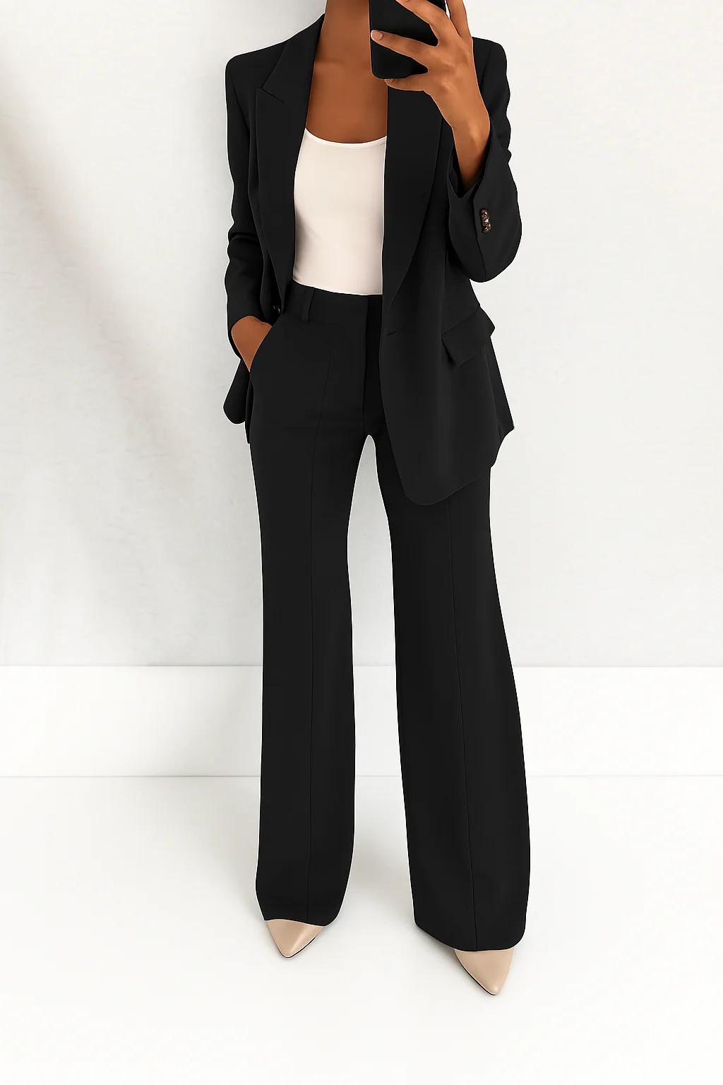 Conjunto elegante de dos piezas para mujer con blazer de un botón, pantalones de pierna ancha y estilo formal de sastrería