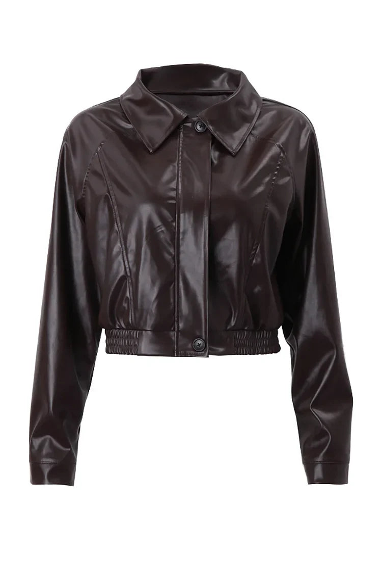 Varela / Elegante chaqueta de cuero marrón para mujer con cuello de solapas, manga larga, cierre frontal con cremallera y corte cropped estilo motero