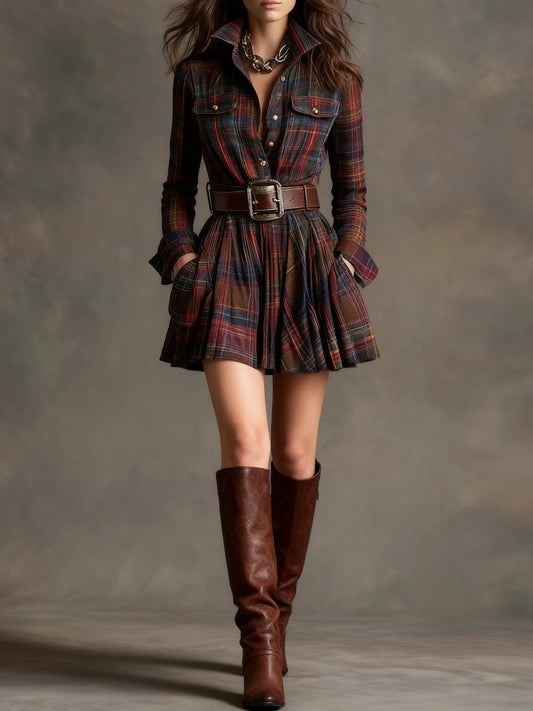 Vestido corto vintage de cuadros rojos y marrones (incluye cinturón)