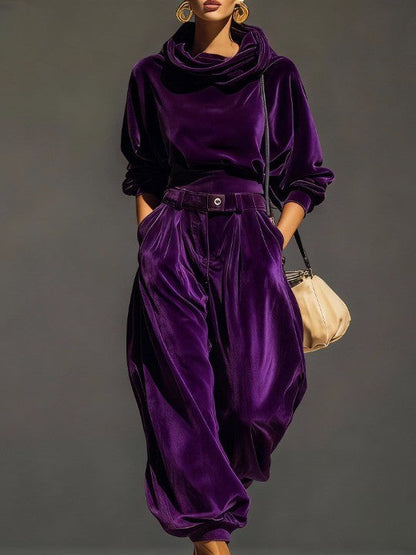 Conjunto vintage de sudadera con capucha y pantalón ancho de terciopelo marrón (incluye cinturón)