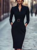 Vestido Negro Elegante con Cinturón y Corte Fluido