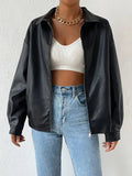 Amorieta / Chaqueta negra de cuero sintético para mujer con cuello, manga larga y cierre frontal con cremallera de estilo casual