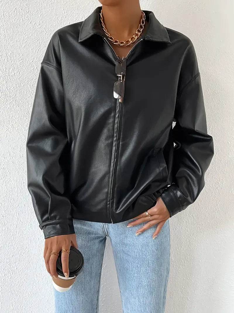 Amorieta / Chaqueta negra de cuero sintético para mujer con cuello, manga larga y cierre frontal con cremallera de estilo casual