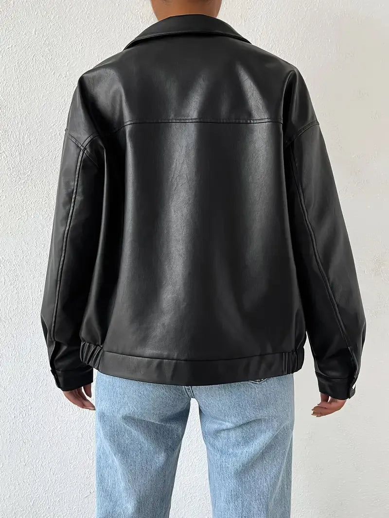 Amorieta / Chaqueta negra de cuero sintético para mujer con cuello, manga larga y cierre frontal con cremallera de estilo casual
