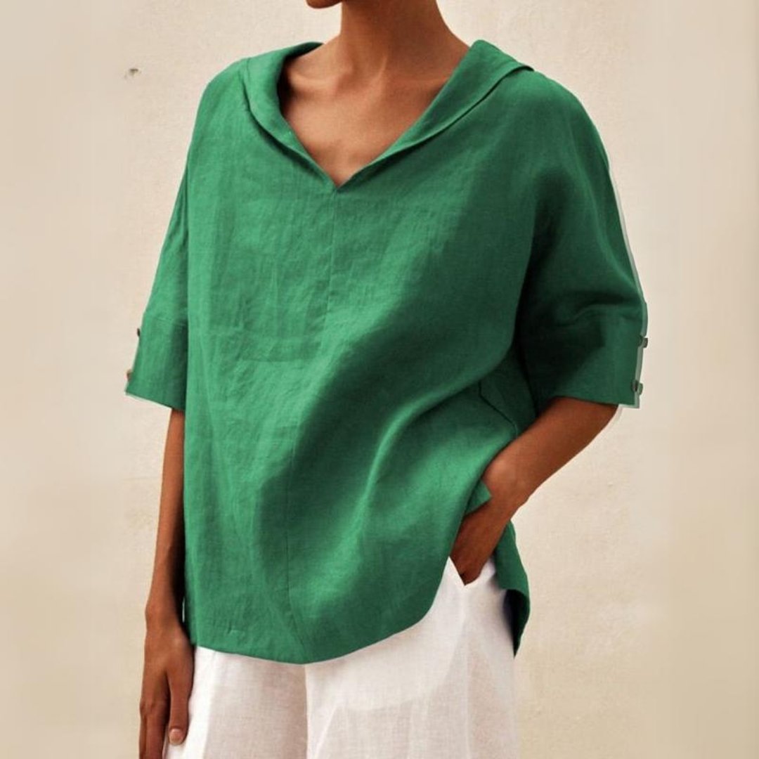 Blusa De Lino Clásica Con Cuello En V Para Mujer