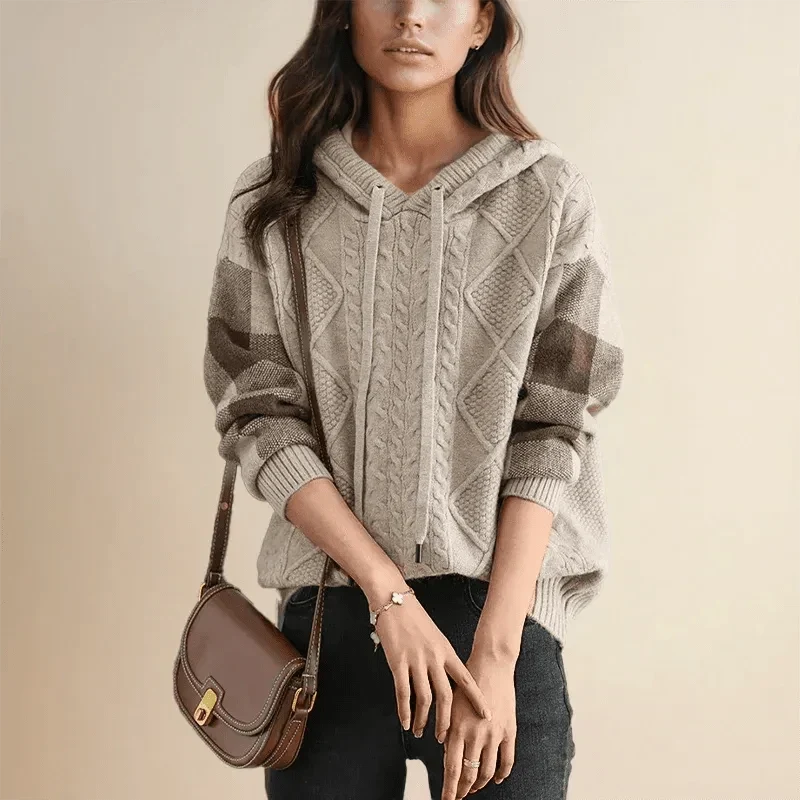 Sudadera de Punto Trenzado Cómoda para Mujer con Capucha de Cordón, Manga Larga, Bloques de Color y Estilo Oversize
