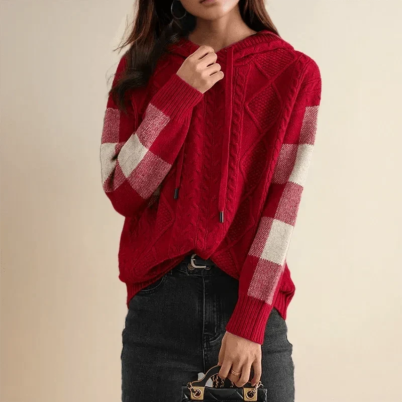 Sudadera de Punto Trenzado Cómoda para Mujer con Capucha de Cordón, Manga Larga, Bloques de Color y Estilo Oversize