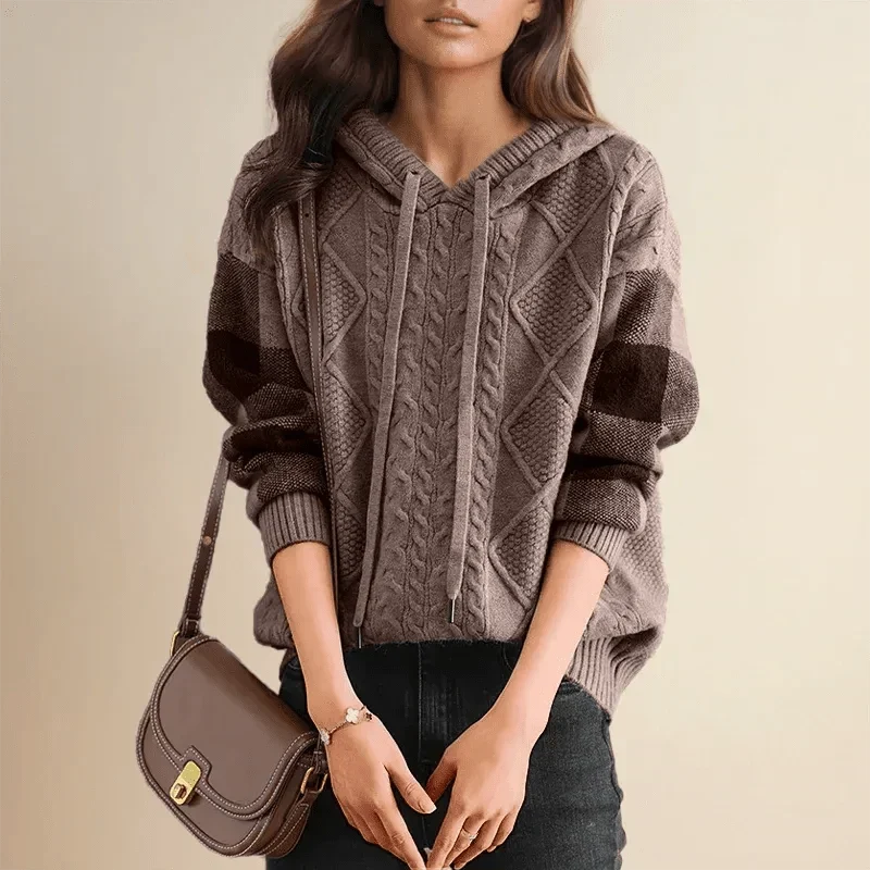 Sudadera de Punto Trenzado Cómoda para Mujer con Capucha de Cordón, Manga Larga, Bloques de Color y Estilo Oversize
