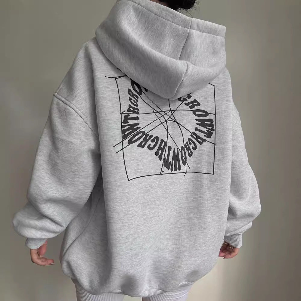 Sudadera Estampada Gráfica Cómoda para Mujer con Capucha de Cordón, Manga Larga y Estilo Oversize Relajado