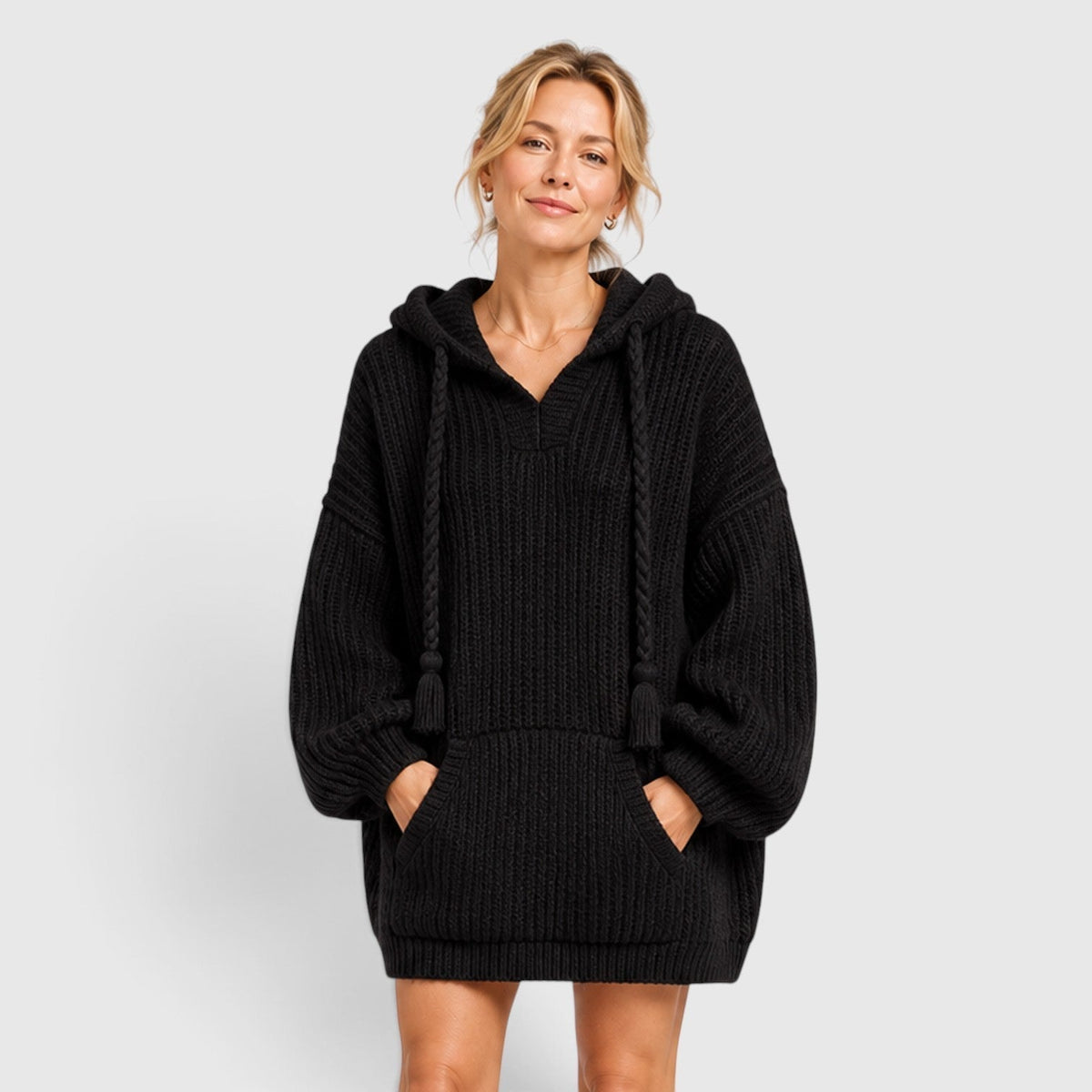 Sudadera de Punto Acanalado Negra Cómoda para Mujer con Cuello en V, Manga Larga, Oversize y Cordón