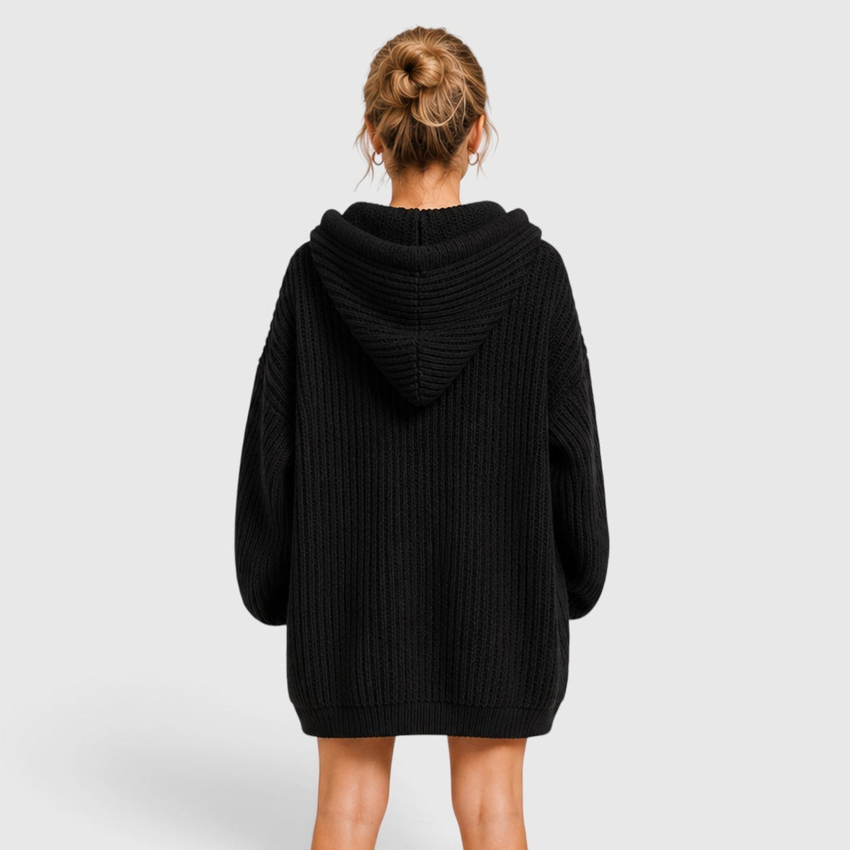 Sudadera de Punto Acanalado Negra Cómoda para Mujer con Cuello en V, Manga Larga, Oversize y Cordón