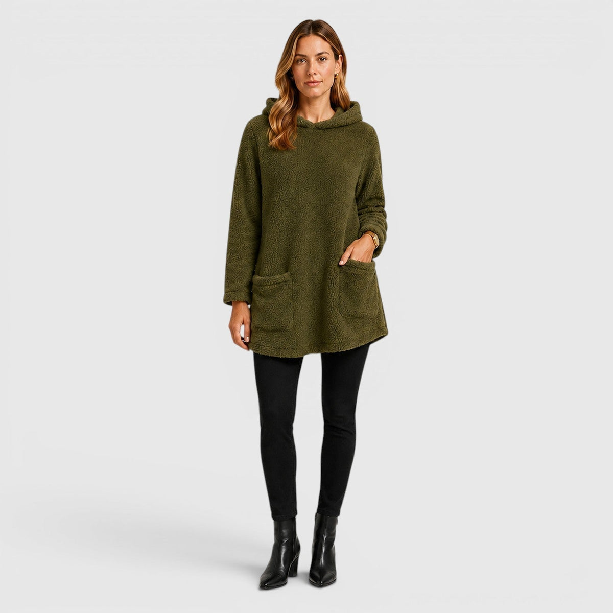 Sudadera de Forro Polar Borreguito Verde Oliva Cómoda para Mujer con Capucha de Cordón, Manga Larga, Bolsillo Canguro y Estilo Túnica