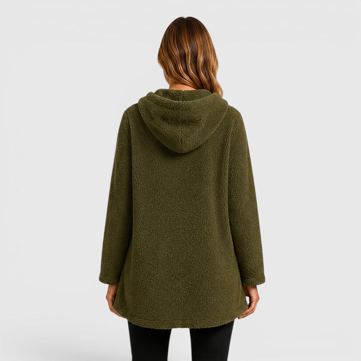Sudadera de Forro Polar Borreguito Verde Oliva Cómoda para Mujer con Capucha de Cordón, Manga Larga, Bolsillo Canguro y Estilo Túnica